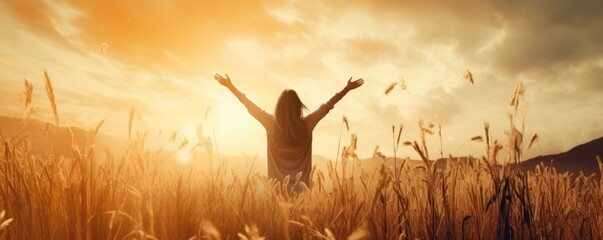 International Womens Day Concept A Silhouette Of A Healthy Woman Raising Her Hands In Praise And Worship To God Against An Autumn Sunset Meadow Background - obrazy, fototapety, plakaty