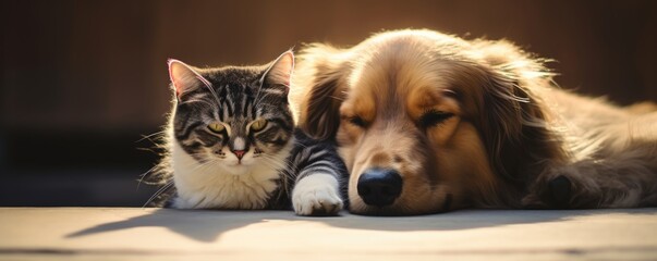 The Heartwarming Bond Between A Cat And A Dog Shines Through Showcasing Their Friendship . Сoncept The Catdog Bond, The Surprising Friendship Between Different Species