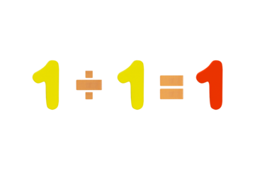 One divide One equals One Isolated on cut out PNG. Image of simple math addition operation for kids for education. Colorful wooden alphabets set sort. Add, subtract, multiply, divide.