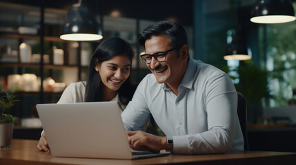 Fototapeta na wymiar Senior businessman and his female assistant laughing while looking in laptop