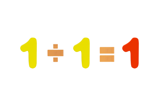 One divide One equals One Isolated on cut out PNG. Image of simple math addition operation for kids for education. Colorful wooden alphabets set sort. Add, subtract, multiply, divide.
