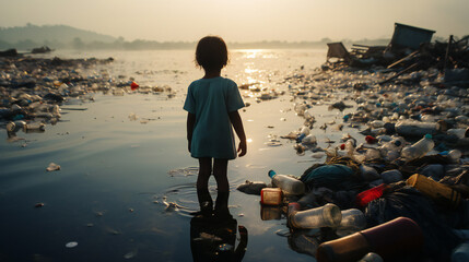 Backside child looking at a lot of plastic waste in the water. Generation AI - obrazy, fototapety, plakaty
