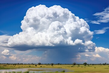 Rural landscape with thunderstorm cumulonimbus cloud and blue sky.