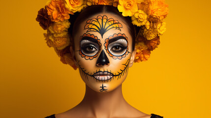 Portrait of the majestic Santa Muerte in a golden yellow dress and headdress of roses, against a yellow background with a golden glow behind her. Sugar skull girl. Halloween. Generation AI