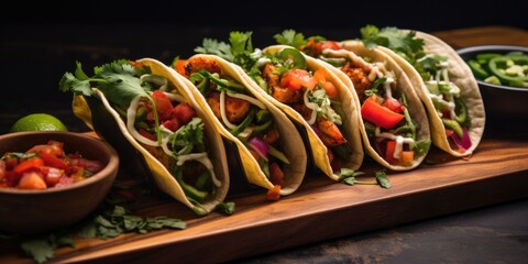 Vegan Tacos With Vegetables Presented On A Wooden Board Highlighting Plantbased And Vegetarian Meal Options . Сoncept Vegan Taco Recipes, Vegetable Fillings For Tacos - obrazy, fototapety, plakaty