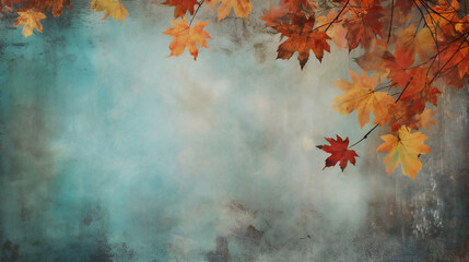 Naklejka na ściany i meble Grunge background with autumn leaves. Generation AI
