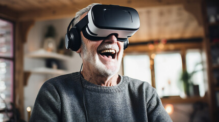 man mature senior caucasian male at home enjoy virtual reality VR headset. Grandfather touching air during VR experience on virtual reality helmet. Simulation hi-tech videogame