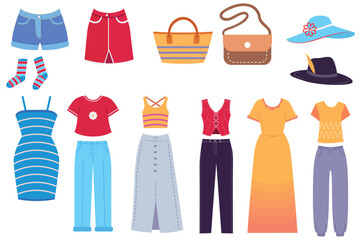 Set of clothes in cartoon design. Women's clothing for every taste can be found in this illustration with a bright design, both an elegant dress and jeans. Vector illustration.