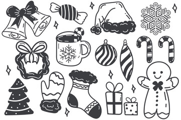 Set of Christmas elements in cartoon design. Toys, warm gloves, a Christmas tree - all these symbols of winter holidays are depicted on the illustration in black and white style. Vector illustration.
