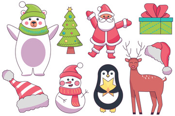 Christmas elements set in cartoon design. Series of illustrations depicting cheerful snowmen and other characters in a colorful style, ideal for adding a touch of winter wonder. Vector illustration.