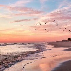 Obraz premium Dawn's Serenity: A Beachscape in Pastel Harmony. Generative AI 5