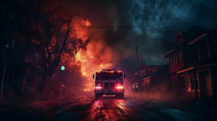 Firefighter truck in action driving through the burning forest and city in the night with fog effect