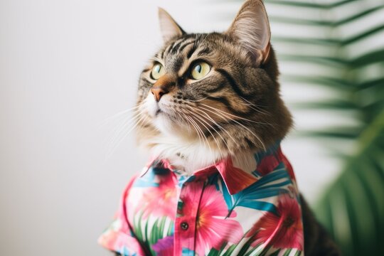 ragamuffin cat wearing a hawaiian shirt against a minimalist or empty room background