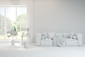 Grey living room concept with sofa and summer landscape in window. Scandinavian interior design. 3D illustration