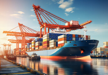 Fototapeta premium Container truck in ship port for business Logistics and transportation of Container Cargo ship
