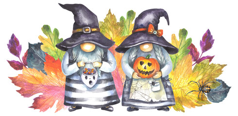 Fall Halloween gnomes with pumpkins, candies and leaves