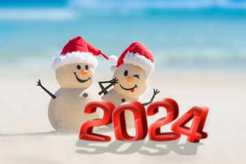 Shoreside Snowmen: Seaside Celebration. Creative design concept with 3d numbers for the new year - obrazy, fototapety, plakaty