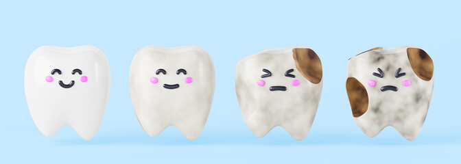 Clean and dirty teeth 3d render icon set. Dental calculus, plaque or decay, oral cavity health care. Happy smiling and sad with tooth pain cartoon kawaii characters on blue background. 3D illustration