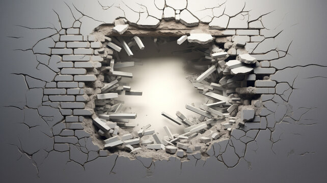 hole in damaged wall with cracks illustration, concept of breach