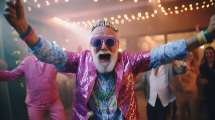 Happy dancing man in costume. Birthday, New Year, fun celebration party