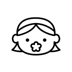 Cute baby girl in the line style. Kids concept. Cute baby girl with ponytails and flower-shaped pacifier. Vector illustration in doodle style