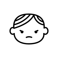 Face of angry boy emoji. Line icon of baby. Concept of Kindergarten, Nursery, Children's Avatars. Vector illustration in linear style