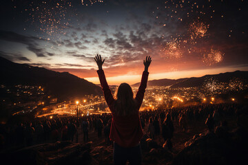 Fototapeta premium Crowd of people celebrating New Year eve in Funchal, Madeira island - Generative AI