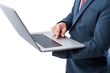 businessman using a personal computer or laptop device on transparent background