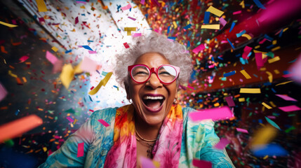 Happy laughing woman with falling confetti. Birthday, New Year, fun celebration party - obrazy, fototapety, plakaty