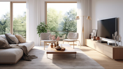 Fototapeta premium Scandinavian design with a modern twist: A two-seater sofa, abstract monochrome artwork. Wooden elements and a soft shaggy rug. Spacious feel emphasized by large, unobstructed windows