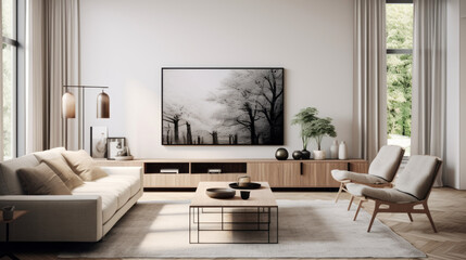 Scandinavian design with a modern twist: A two-seater sofa, abstract monochrome artwork. Wooden elements and a soft shaggy rug. Spacious feel emphasized by large, unobstructed windows