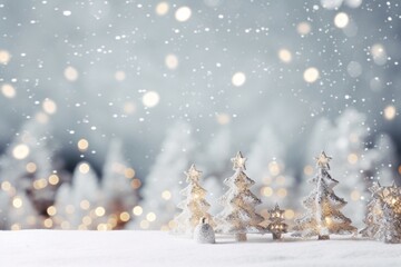Beautiful Christmas tree with gift boxes in winter with bokeh background