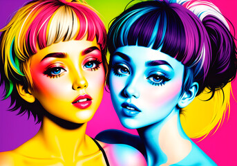 Naklejka premium Two beautiful young women with bright make-up.
