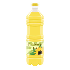 Sunflower oil isolated on white. Plastic bottle with flower picture and text on label, realistic style. Vector picture for vegetable oil, cooking ingredient, organic product template, brand design.