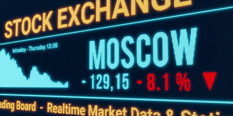 Moscow , stock market moving down. Negative stock exchange data, falling chart on the screen. Red percentage sign, loss and investment. 3D illustration