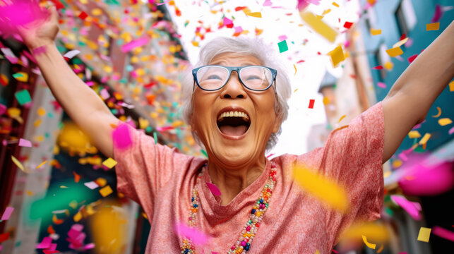 Happy laughing woman with falling confetti. Birthday, New Year, fun celebration party