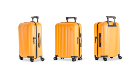 Set of stylish plastic suitcase for travel with wheels and retractable handle front and side view on white background. Light baggage bag for vacation and travelling.