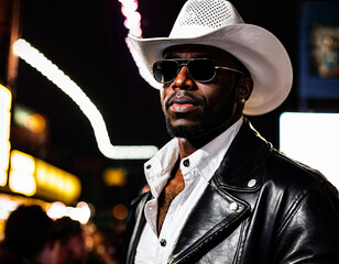 photo of black african man with white turtle neck ,black sunglasses, black leather jacket and white cowboy hat, generative AI