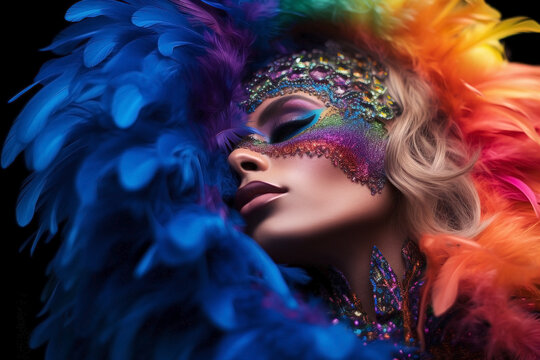 Portrait of young LGBTQ+ man enjoying carnival party. Queer person with fantasy makeup and colorful feathers in the Brazilian carnival parade.