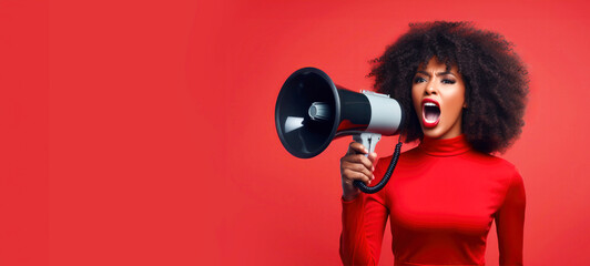 Black Friday banner design with an afro woman on red background using megaphone and copy space