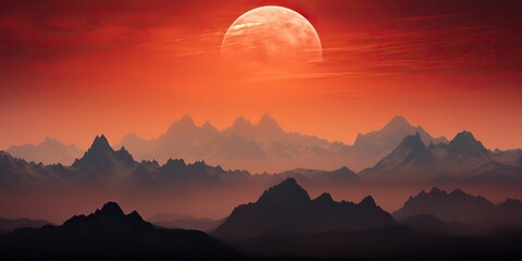 AI Generated. AI Generative. Minimalistic nature outdoor landscape with mountains hills and full moon in red vintage retro style. Graphic Art