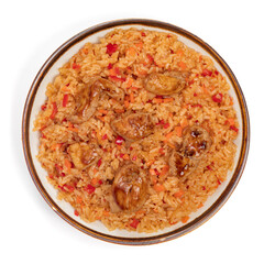 THAI RICE WITH CHICKEN Rice, onion, carrot, pepper, garlic, soya sauce, kimchi sauce. For the restaurant menu. Traditional Asian sushi seasoning. Healthy eating. Dish on white background.