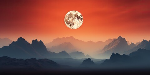 AI Generated. AI Generative. Minimalistic nature outdoor landscape with mountains hills and full moon in red vintage retro style. Adventure explore travel background motivation
