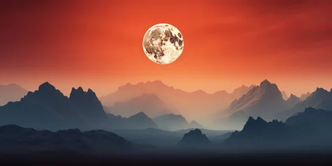 Poster AI Generated. AI Generative. Minimalistic nature outdoor landscape with mountains hills and full moon in red vintage retro style. Adventure explore travel background motivation © Graphic Warrior