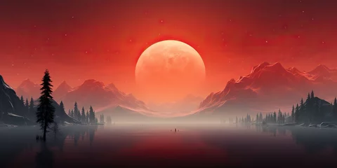 Outdoor kussens AI Generated. AI Generative. Minimalistic nature outdoor landscape with mountains hills and full moon in red vintage retro style. Adventure explore travel background motivation © Graphic Warrior