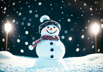 snowman with scarf and hat in winter landscape