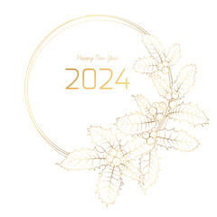 Christmas gold wreath with holly berries on white background. Circle frame template. Happy New Year and Xmas postcard, holiday party invitation - 653664541