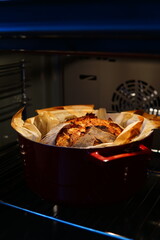 Dutch oven bread in the furnace.