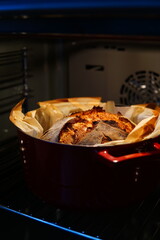 Dutch oven bread in the furnace.