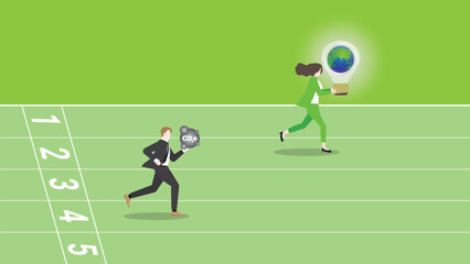 A businesswoman runs and holds the world light bulb on race track. Idea of ESG competition, Sustainability, Sustainable Development, Green business, Environmental policy, and save the planet concept.